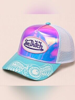 🆕️NWT Von Dutch Holographic Trucker Hat Blue Pink Mesh Snapback Y2K Rare